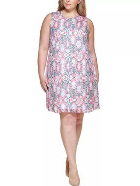 Calvin Klein Plus Size Printed Chiffon Dress Hibiscus Multicolor 22W